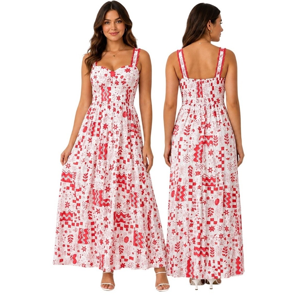 Maxi Dress Derek Heart Red White Celestial Star Print Sweetheart Lace Trim Small